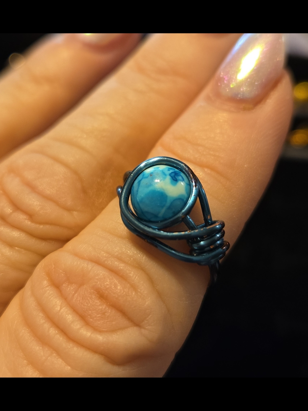 Handcrafted Blue Marbled Wire Wrapped Bead Ring Boho Coquette Jewelry Size 6